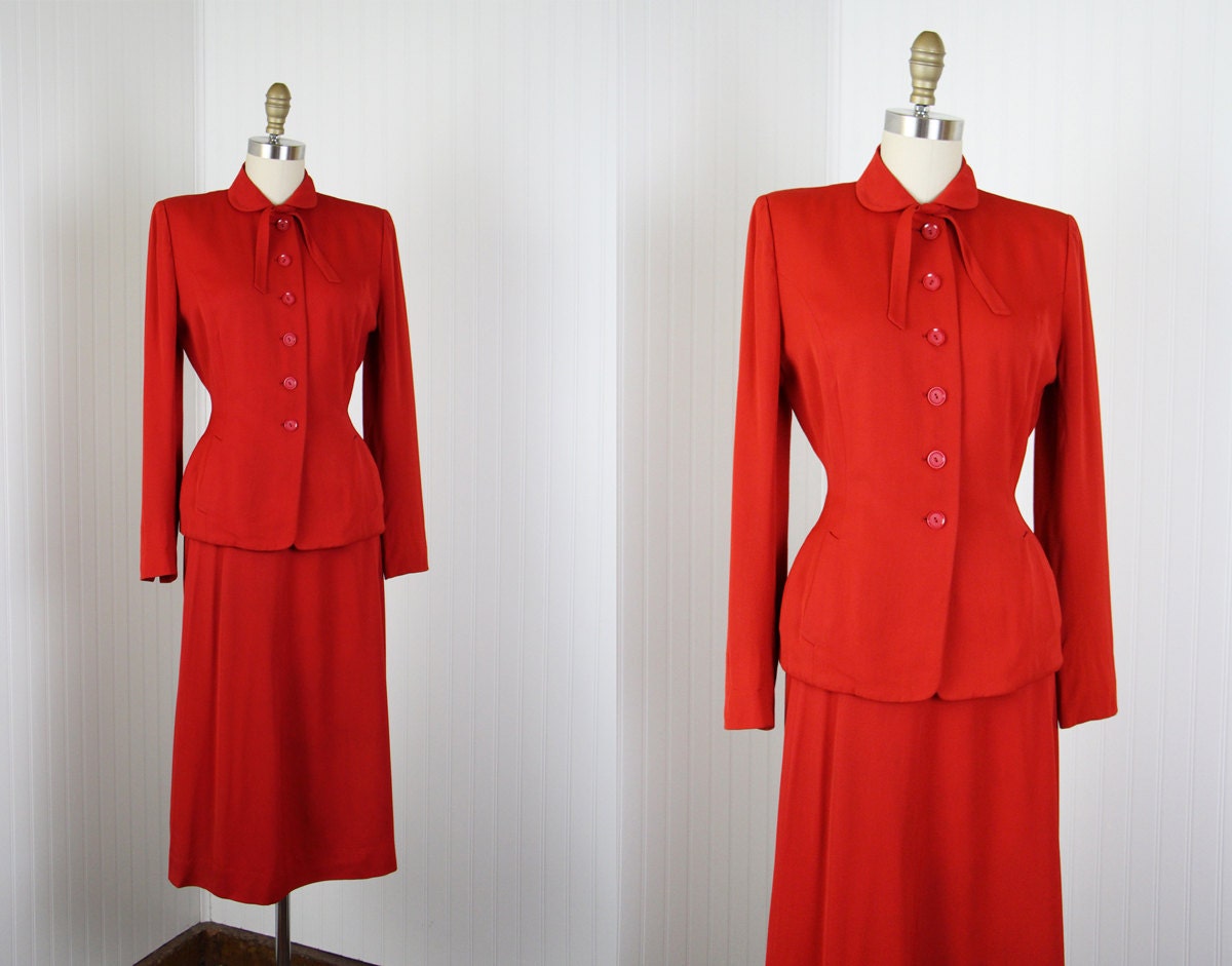 1940s Suit - Vintage 40s Suit - Red Gabardine WWII Princess Skirt Suit S M - Hot Tomato