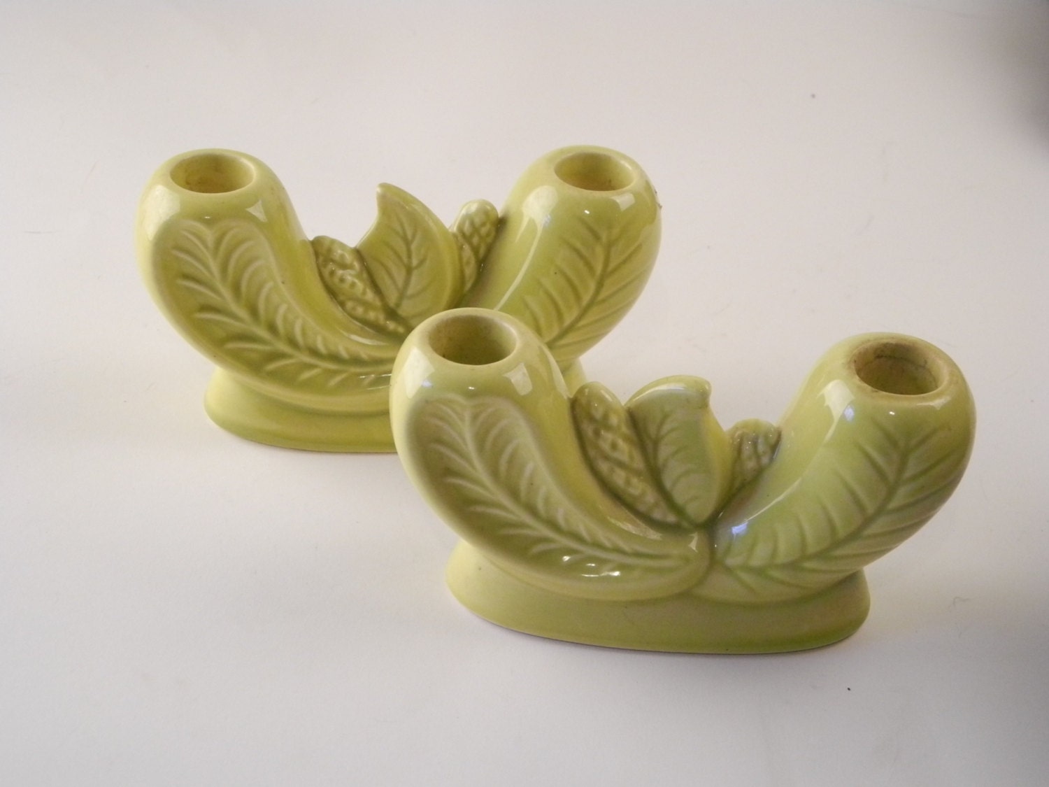 Vintage Chartreuse Ceramic Hawaiian Tropic double candleholder set