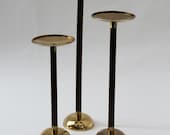 Vintage Modern Wood and Brass Candle Holders Set of 3