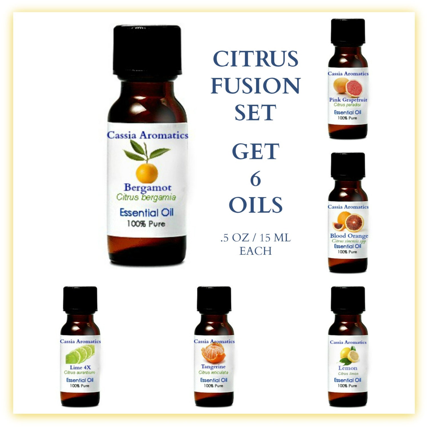 Aromatherapy Citrus Fusion Set Six .5 oz bottles of Citrus essential oils