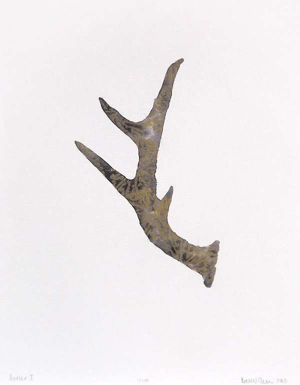 Antler I - 9x12 mixed media watercolor painting and block print
