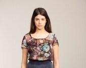 30% off  Floral silk chiffon summer blouse Women Short Sleeve  Shirt - floral
