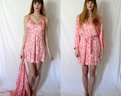Valentino Pink Hearts Peignoir - Nightie Night Gown and Robe - Silk - XS  Petite