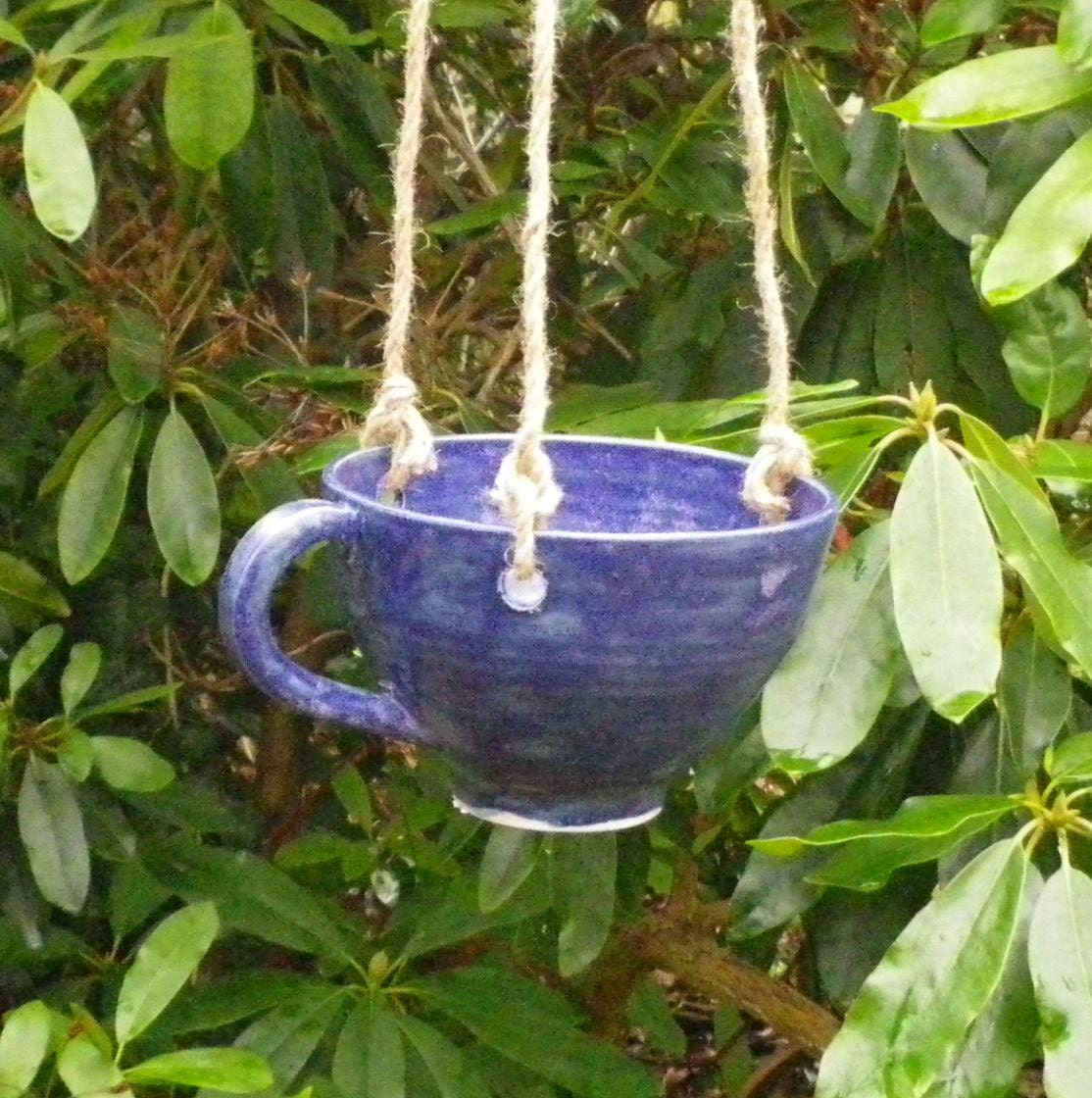 Bird feeder tea cup hand thrown in stoneware--fully weatherproof