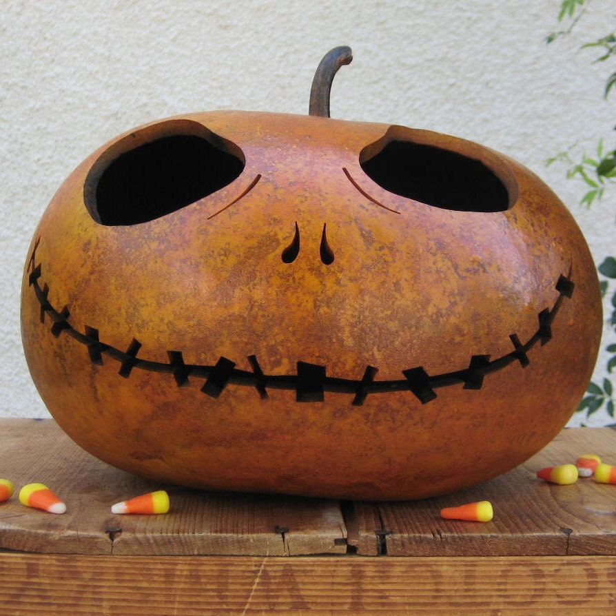Halloween Gourd Jack O Lantern Natural Fall Harvest Large Jack Skellington (inspired by Tim Burton)