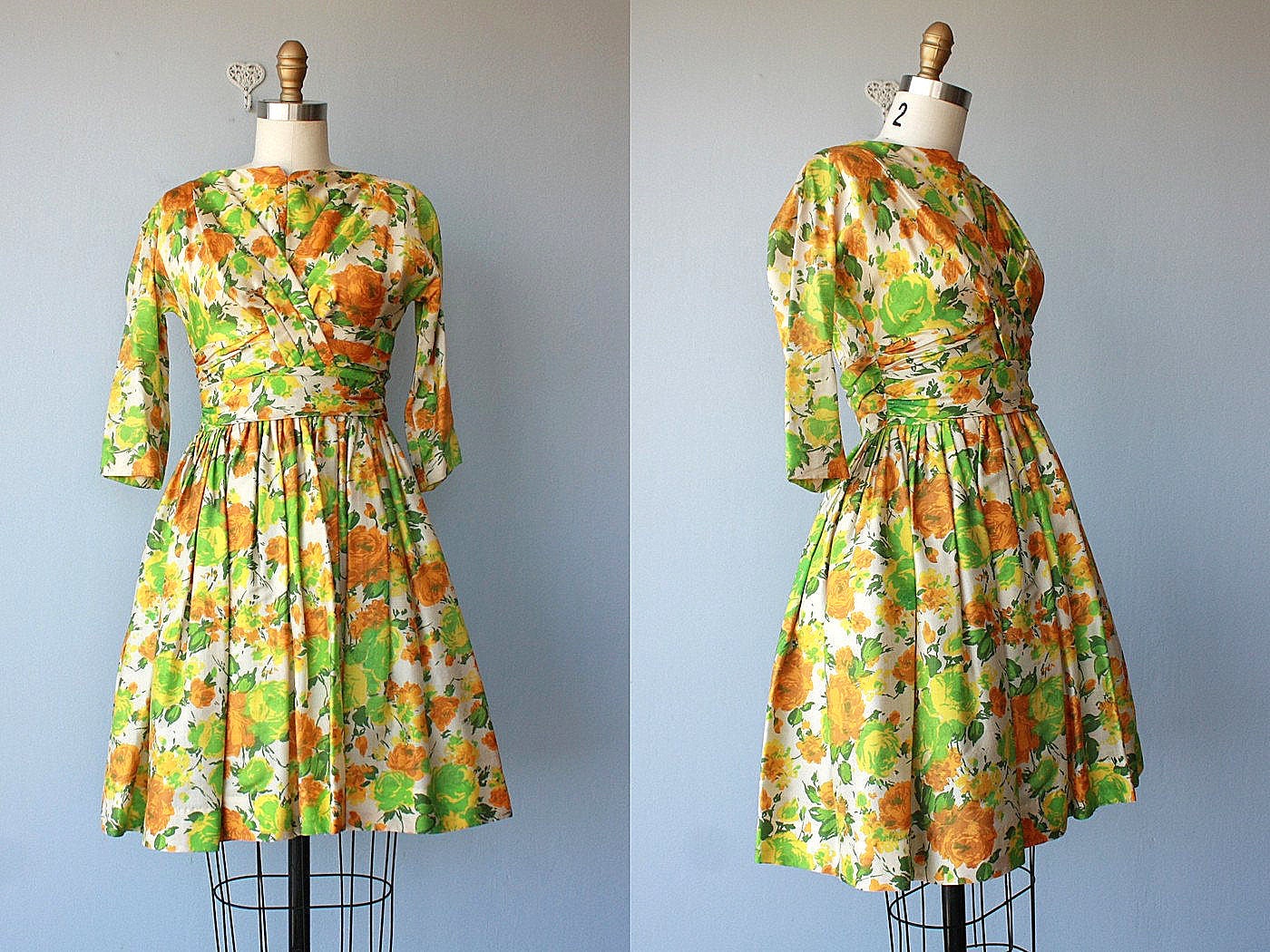 50s dress / 1950s dress / silk dress / floral print dress / 50s party dress / full skirt / cocktail dress - size xs