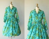 vintage 60s party dress / 1960s dress / green floral dress / belted dress 60s - size medium