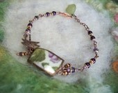 Broken China Bracelet with Purple Violet Petals and a Dragonfly Charm