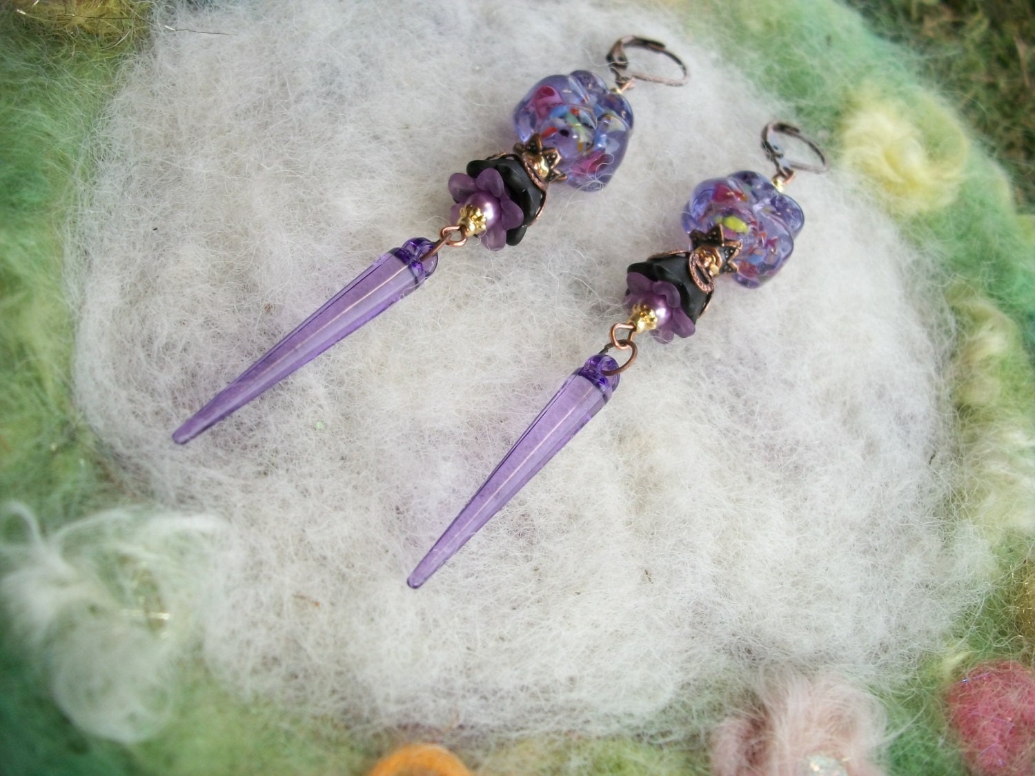 Purple Earrings, Lamp Work and Lucite