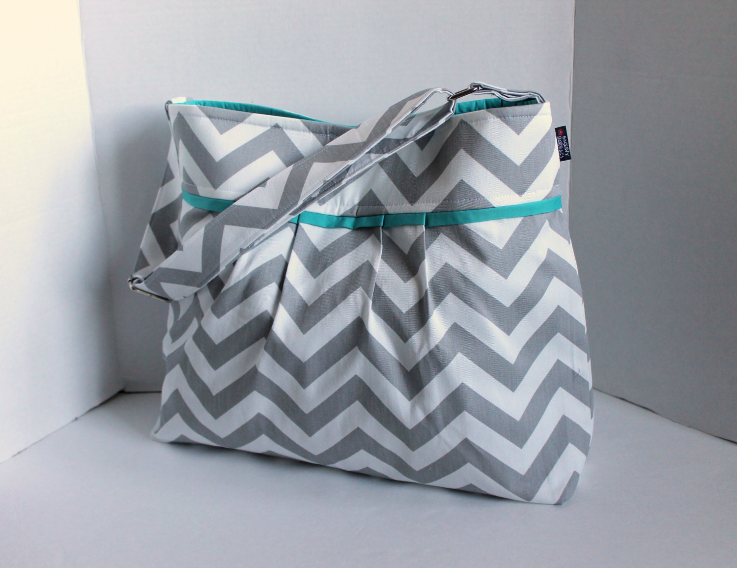 Monterey Large Chevron Diaper Bag - In Grey Chevron and Aqua - Adjustable Strap - Elastic Pockets