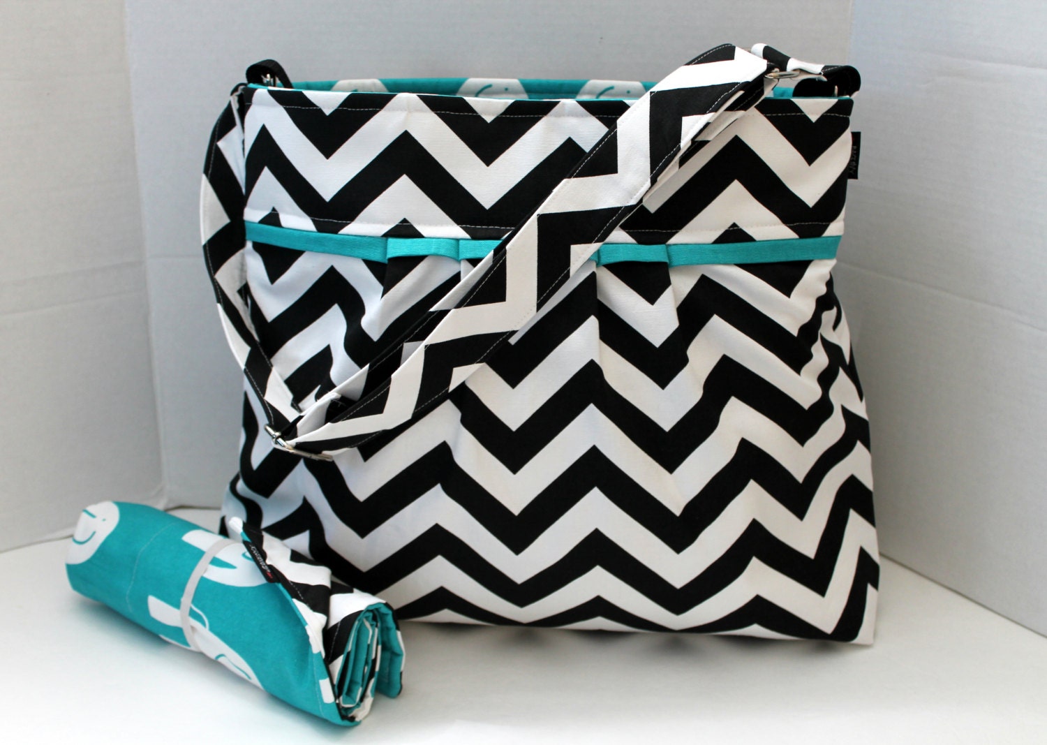 Monterey Chevron Diaper Bag Set - In Black Chevron and Turquoise  Elephants - Large - Adjustable Strap and Elastic Pockets