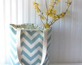Chevron Tote Bag in Aqua Blue and Natural Beige - Spring and Summer Reversible Book Bag Hand Bag