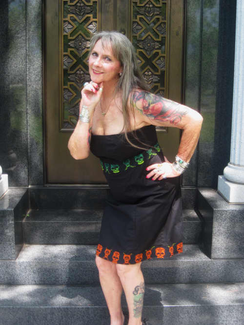 OOAK Day of the Dead Dios de Muertos sugar skulls strapless dress recycled rockabilly psychobilly gothic punk tattoo glamour pinup