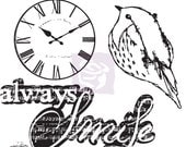 Prima Lyric Clear Stamp Set No. 1 - Item 563202 Numbers Clock Bird Border Button Script Words Always Smile Stamps