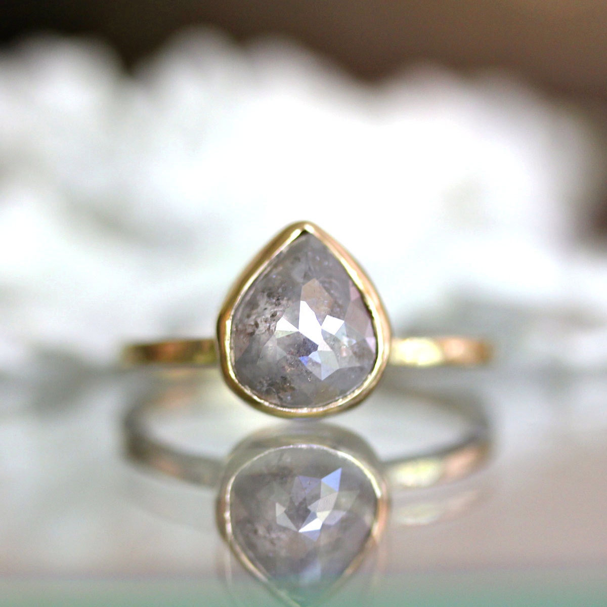 Teardrop White Gray Diamond in 14K Yellow Gold Engagement Ring - Ready to Ship