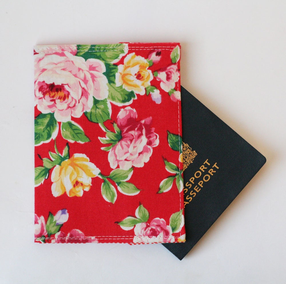 Passport Cover, Fabric Passport Cover, Vintage Red Floral, Handmade Accessories by Knotted Nest