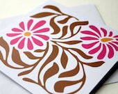 Blank art deco pink daisy folded square card, fuschia pink and chocolate brown colours, art nouveau, William Morris style