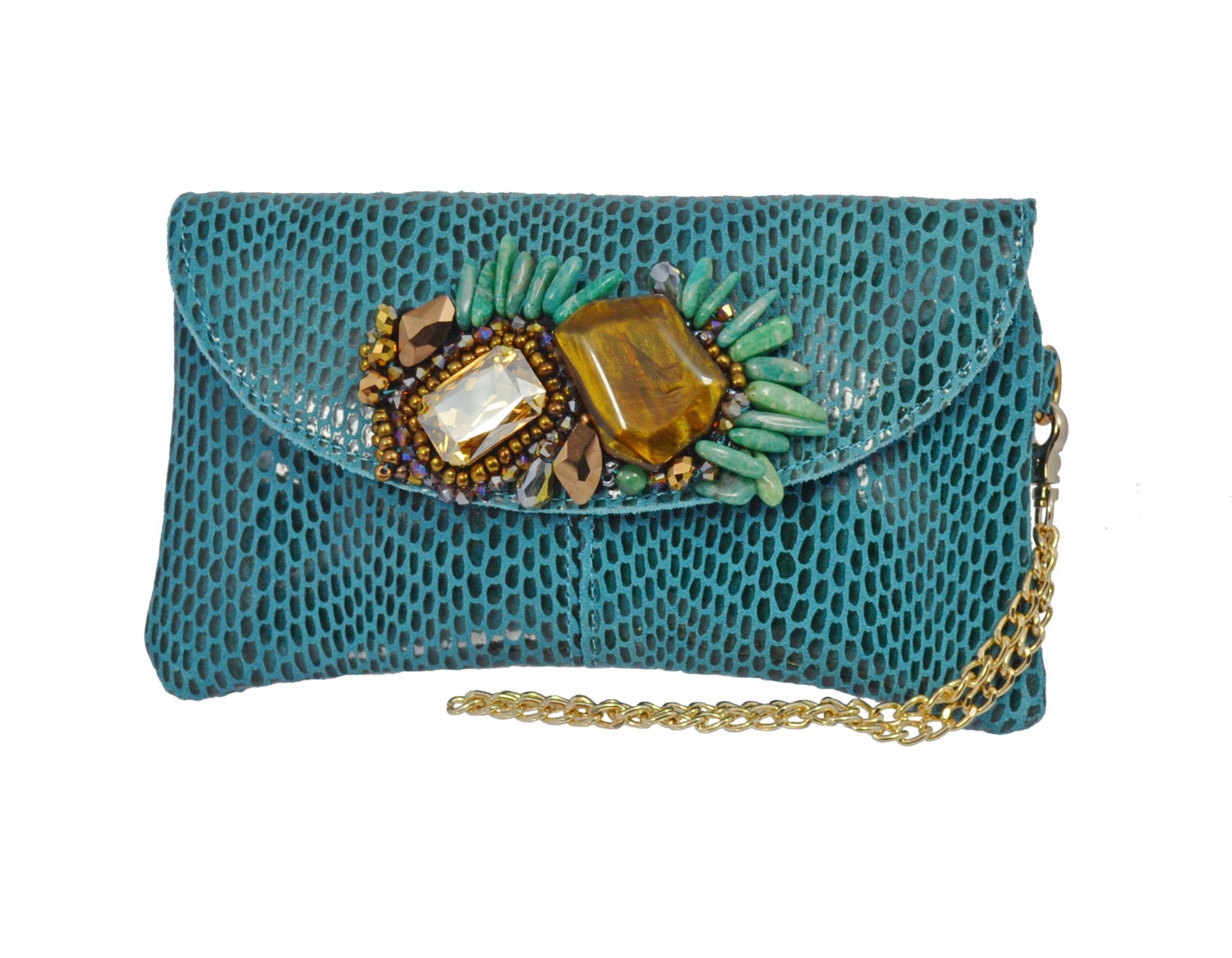 Leather Clutch- Teal  Purse Wristlet