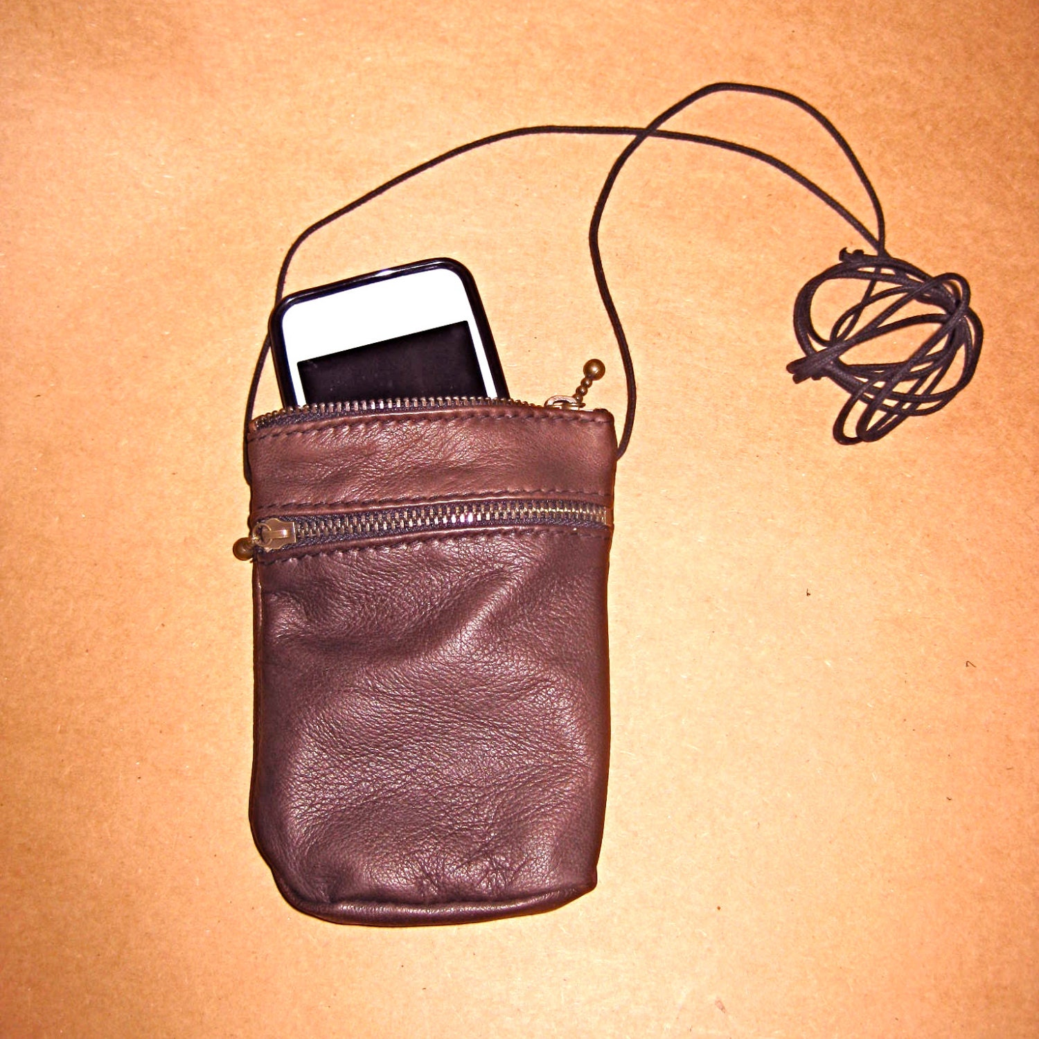 Small Brown Leather I Phone 4,4s & 5 Case, Shoulder Cross Body Purse Pouch  - THE SUSETTE