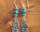 Hamsa Om Yoga Namaste Earrings with Turquoise Beaded Dangle- Buddha, Buddhism, Zen, Spiritual, Yoga, Yoga Jewelry