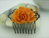 TANTALIZING ORANGE - Orange Rose Cabochon On Brass Filigree Hair Comb
