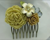 DANCE TIL DAWN - Beautiful Flower Cabochons Secured To A Stunning Brass Filigree Hair Comb Accented With Pale Lucite Teardrop Jewels