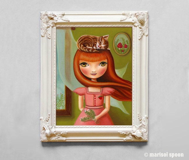 cat girl art  - Abigail LARGE print 11x14 on somerset velvet by Marisol Spoon