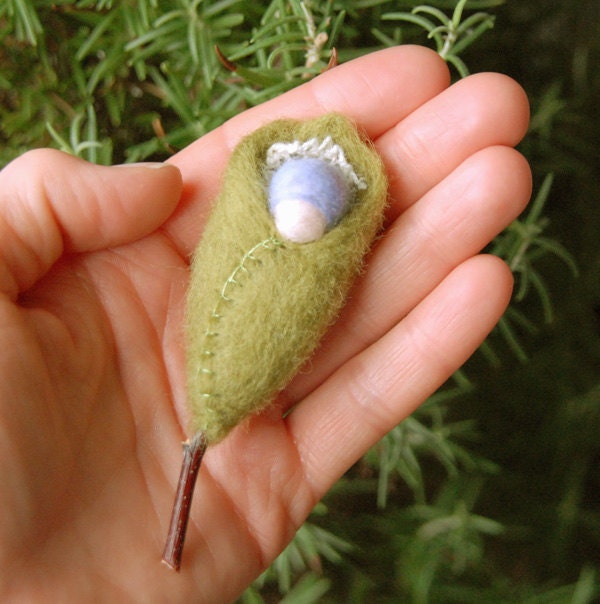 Waldorf fairy baby in a green leaf, Periwinkle, Needle felted