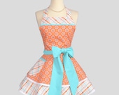 Ruffled Retro Apron / Handmade Flirty Full Womens Apron in Riley Blake Melon and Aqua Avignon