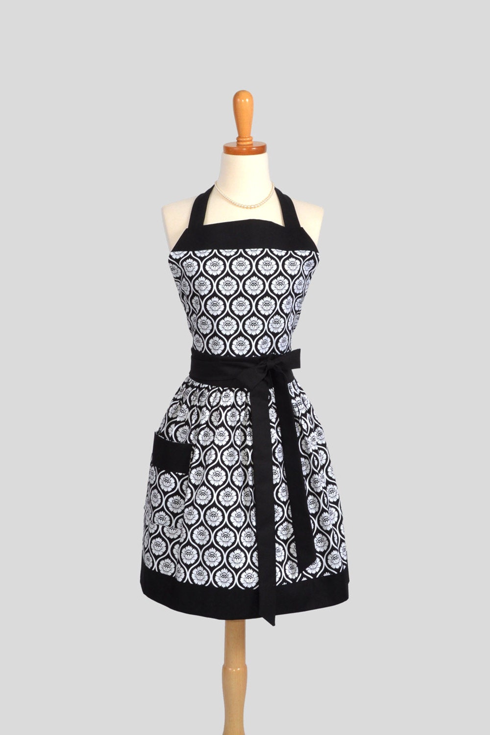 Womens Bib Full Apron : Full Kitchen Apron in Floral Wallpaper Black Perfect for Monogram or Persoalization