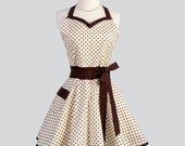 Sweetheart Retro Apron , Sexy Womens Apron in Brown and Ivory Aspirin Dot Cute Full Kitchen Apron