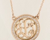 Rose Gold, Diamond-Rimmed, Round Monogram Pendant with Chain
