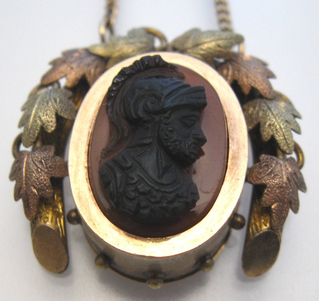 Victorian Sardonyx Cameo Rose & Green Gold Filled Necklace