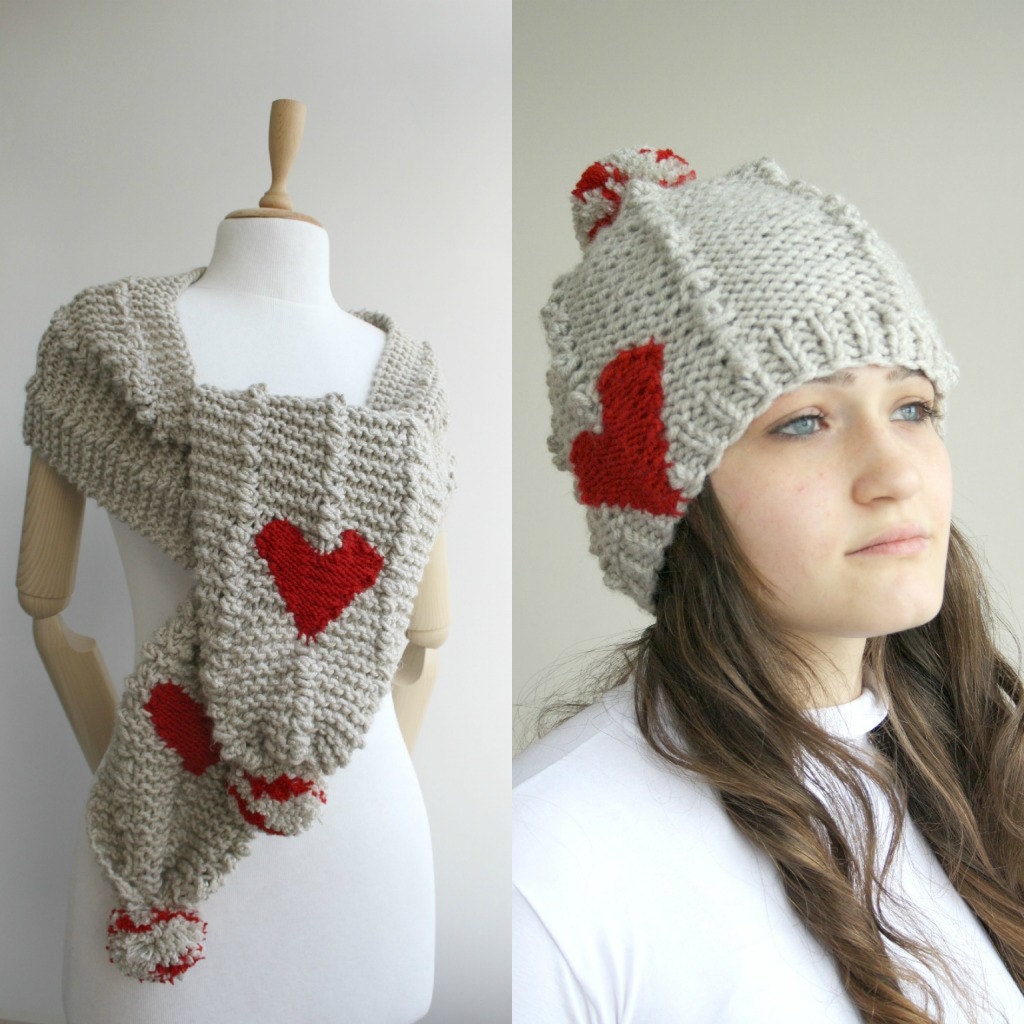 Free SHIPPING Beige And Red Heart  Wool Knit  Scarf And  Hat WARM SET Perfect Gift Under 100 For Women For Girl Friend Valentines Day Gift