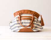 Stripe Handbag , messenger bag , shoulder bag  in  cotton canvas and Brown leather - Arethusa bag