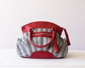 Striped handbag, messenger bag, shoulder purse  in  dark grey cotton and Red leather - Arethusa bag