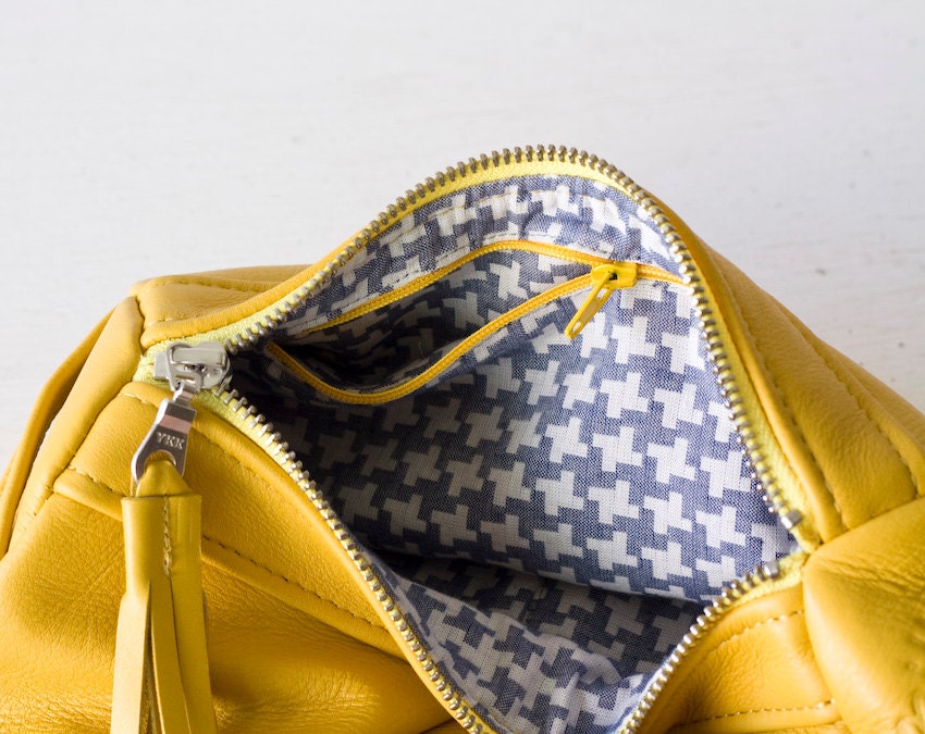 Yellow Leather cosmetic bag   ,  leather makeup bag