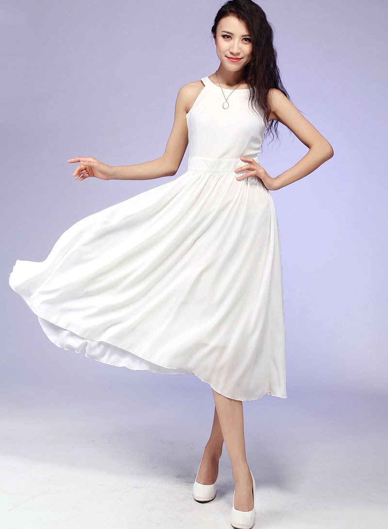 Custom white chiffon maxi prom wedding dress (575)