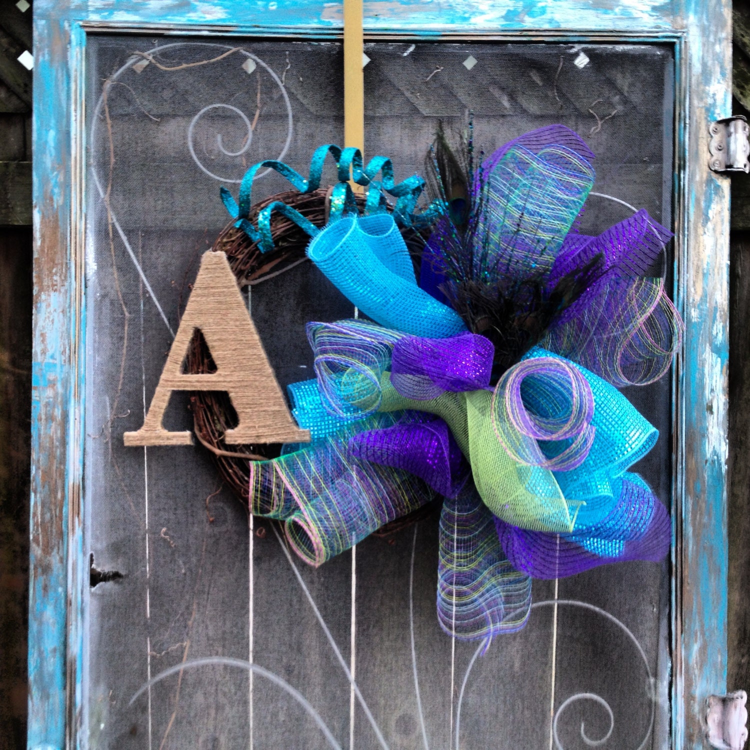 Monogram spring deco mesh peacock feather wreath