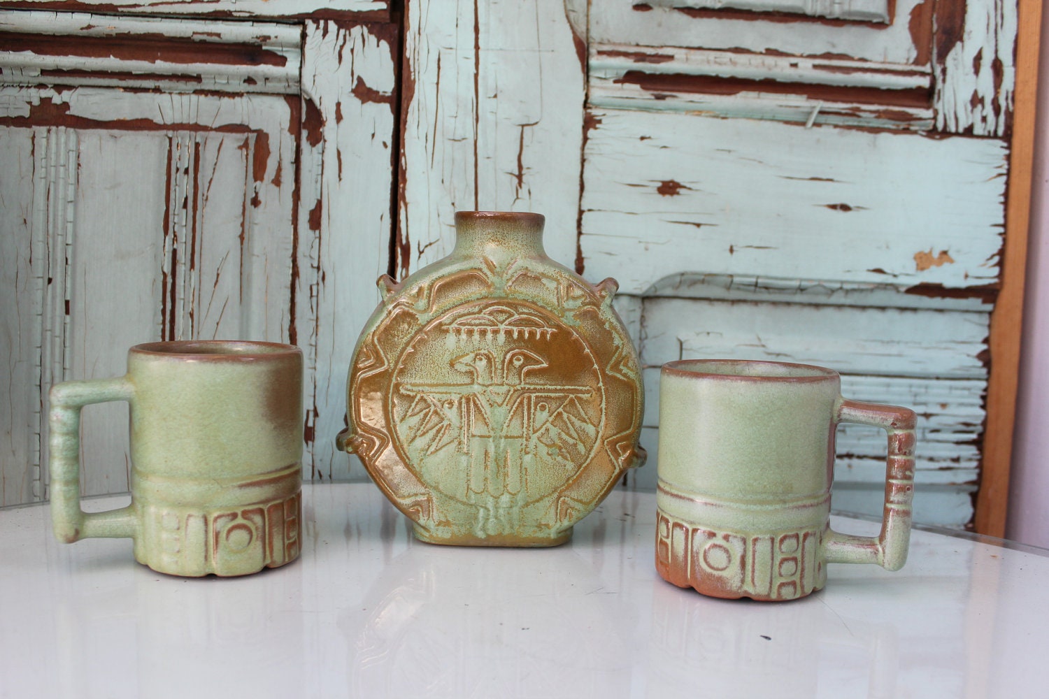 Frankoma Pottery - Canteen - Vintage - Ceramic - Thunderbird