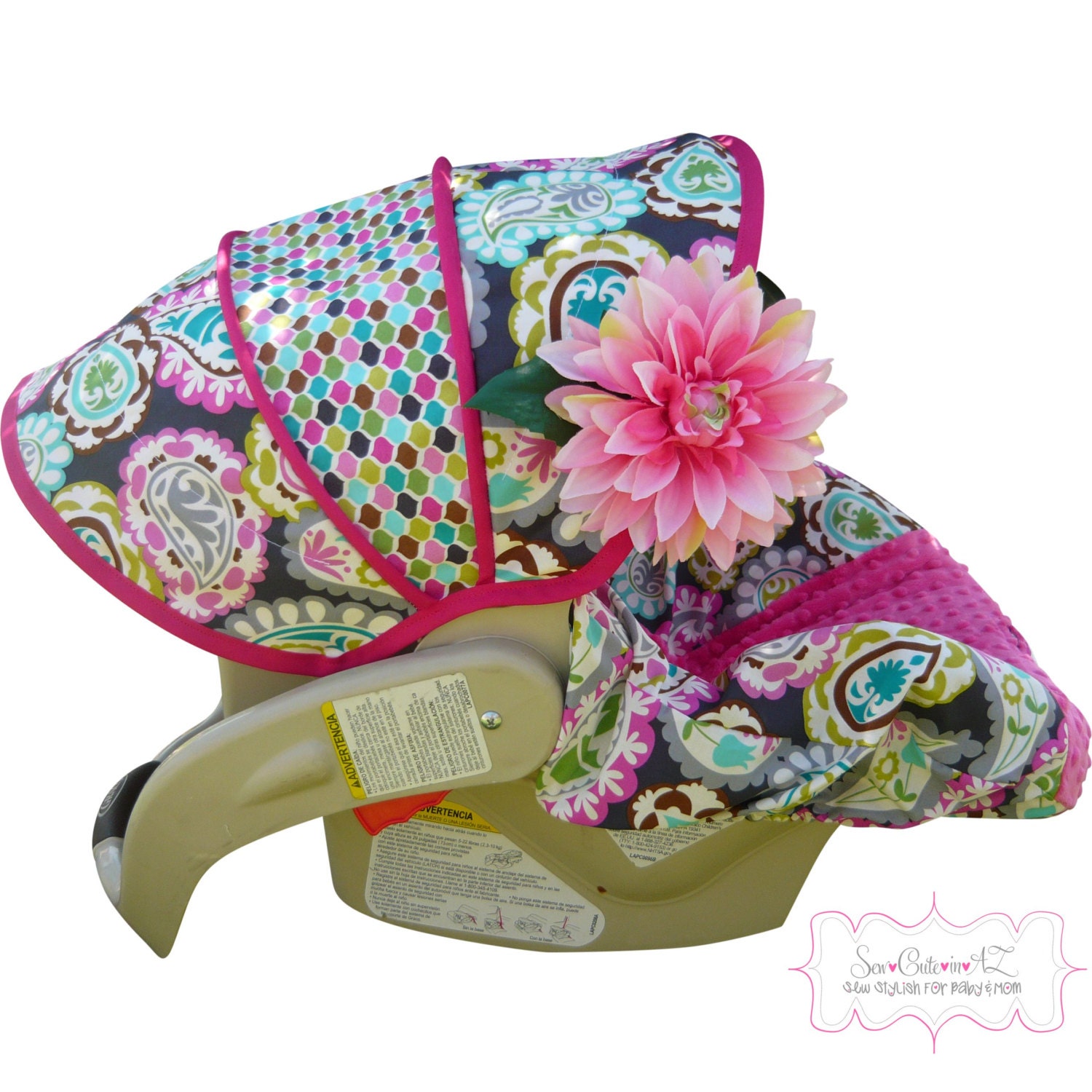 Rocco Paisley Infant Car Seat Cover With Hot Pink--Moves to Toddler