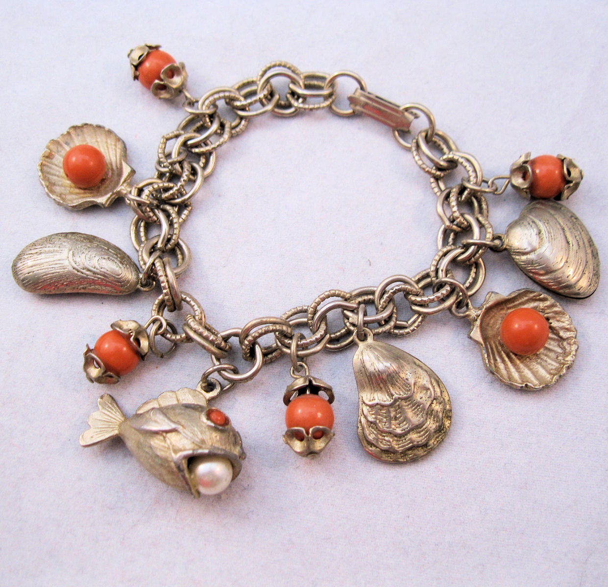 1960s Sea Shell Fish Ocean Theme Charm Bracelet Goldtone Faux Coral