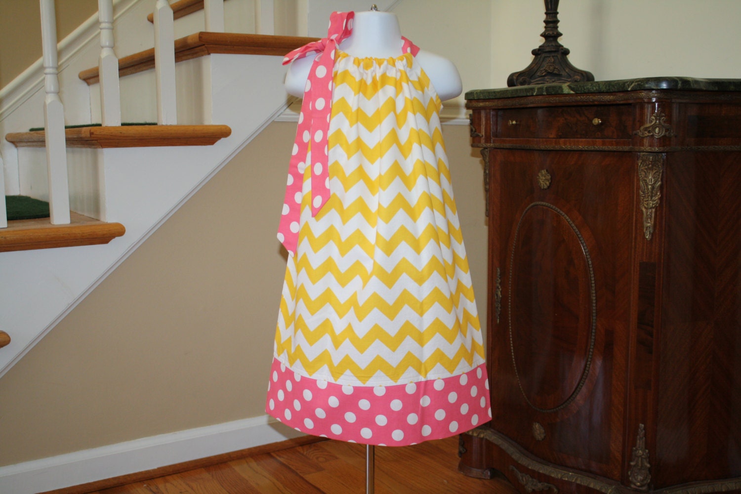yellow spring chevron Pillowcase dress riley blake yellow pink white polka dot toddler summer dress 3, 6, 9, 12, 18 mo 2t, 3t, 4T