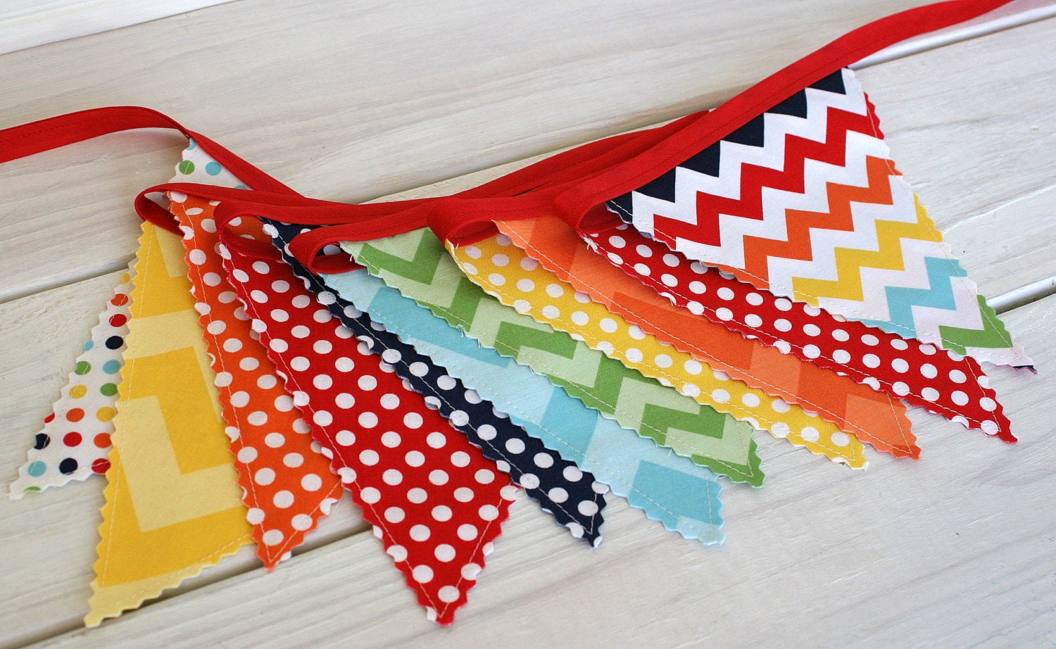 Birthday Decoration Colorful Bunting Fabric Banner Flags - Rainbow Chevron and Dots - Ready to Ship