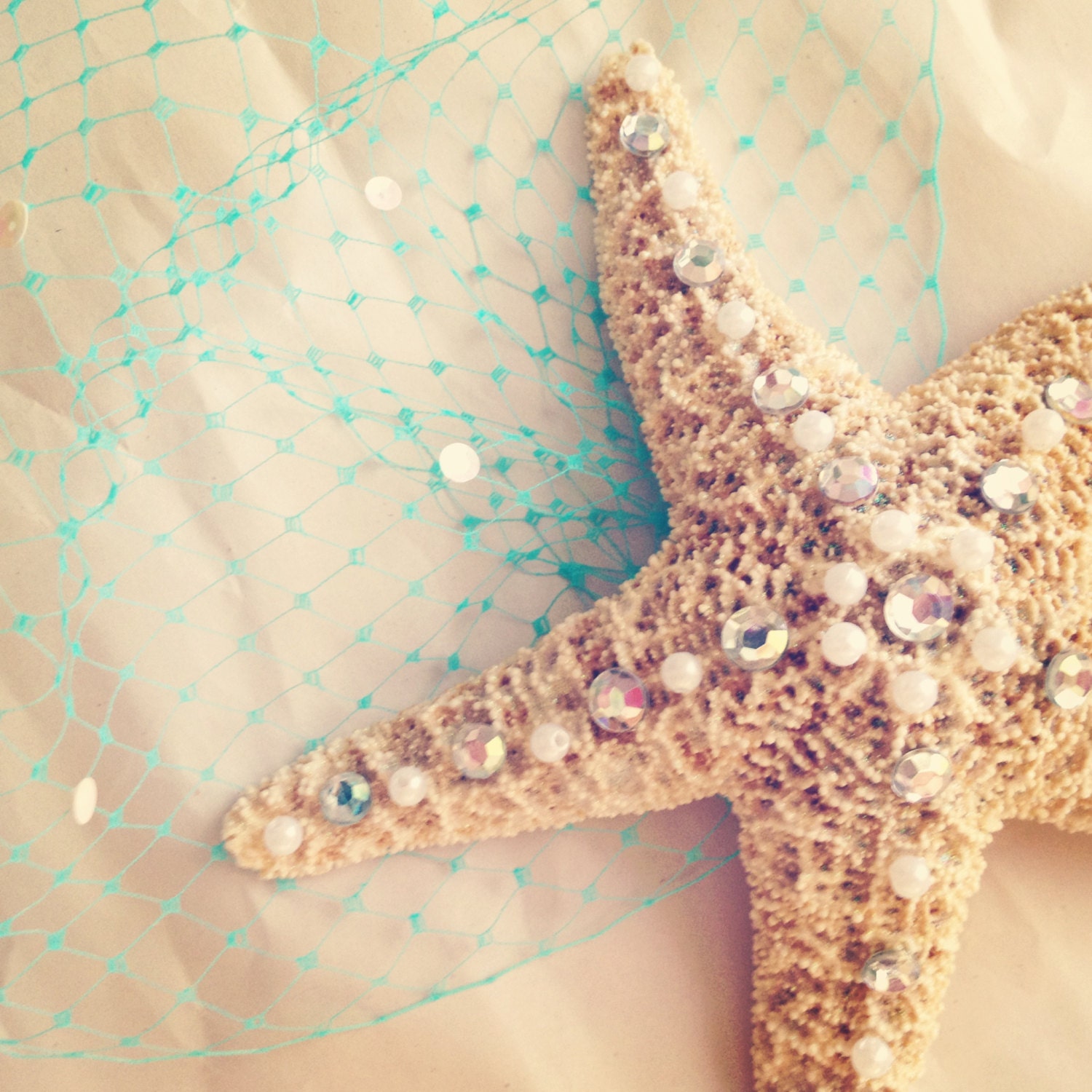 Mermaid Sugar star fish  Hair Fascinator in with Turquoise Blue Veiling