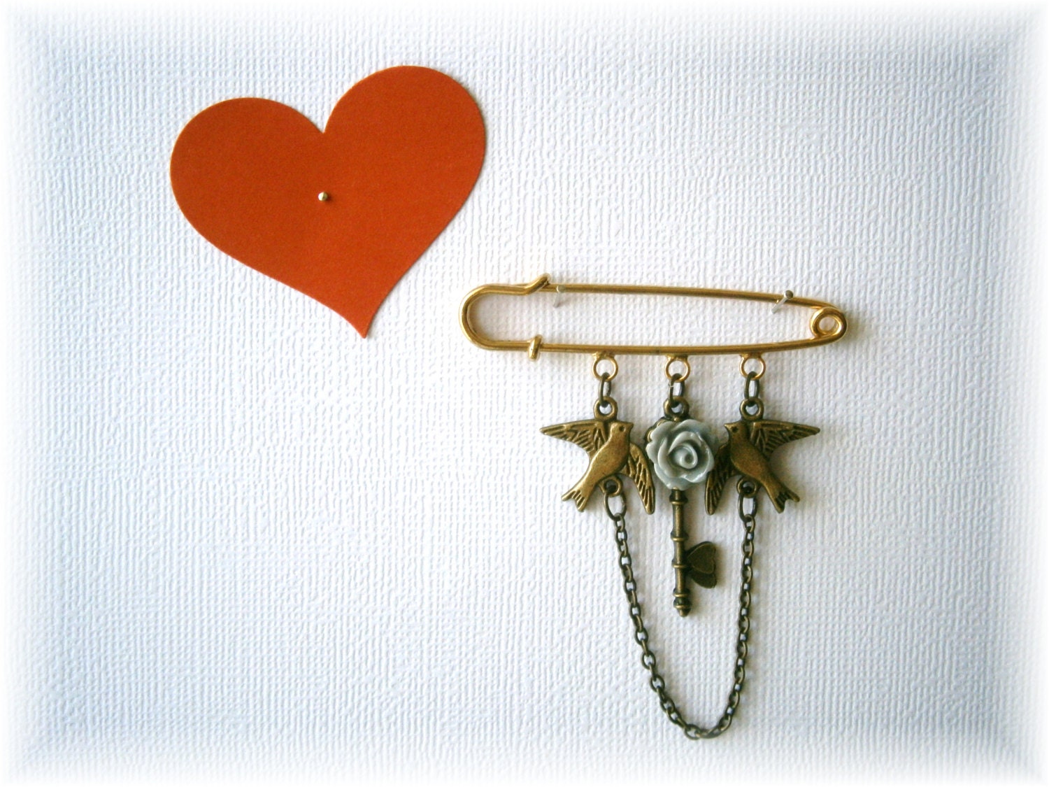 Kilt Pin Brooch,Tattoo : Version 2, Swallows, Grey Rose, Ornate Key, OOAK, made with love by maddabling