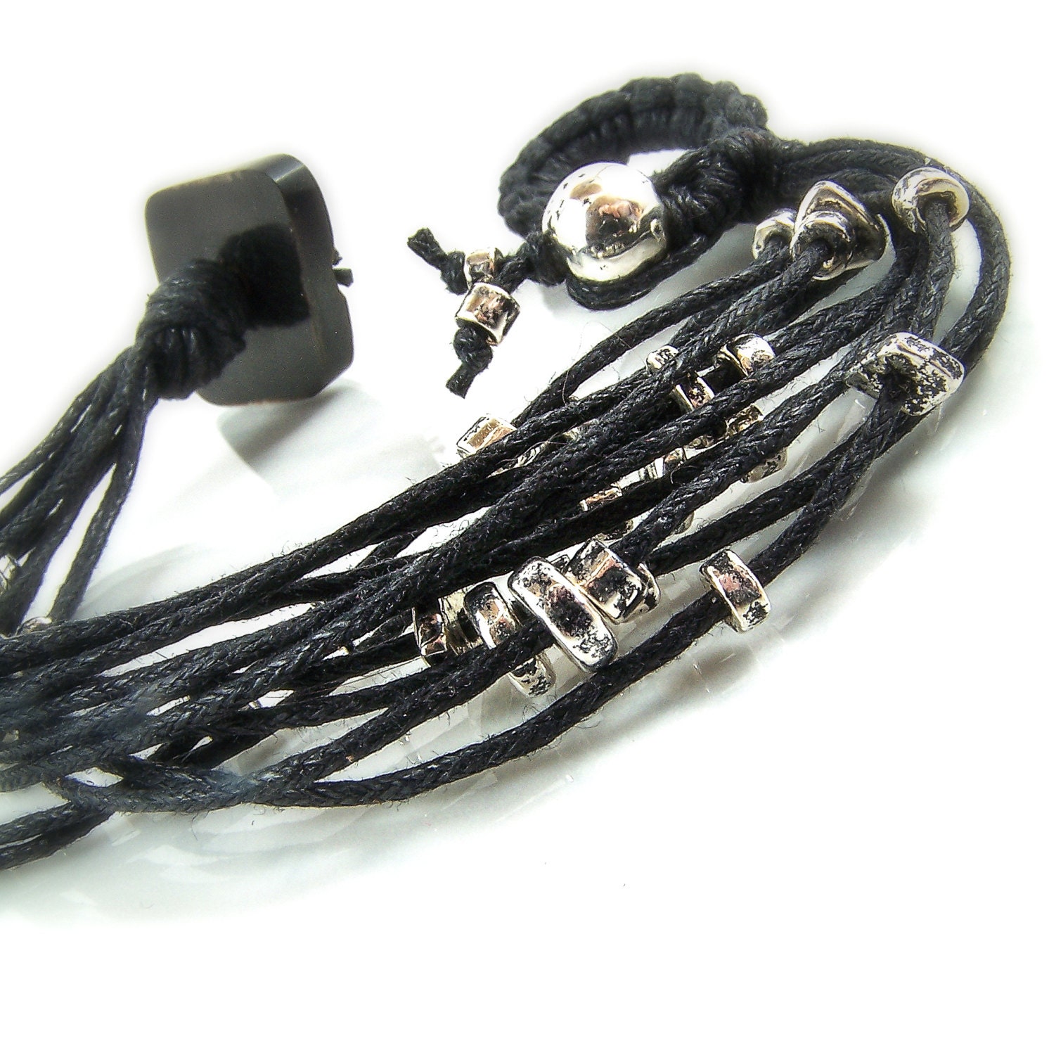 Black Linen Cord Bracelet, Eco Friendly, Wrap Bracelet, Multi Strand Bracelet, Natural Earthy Jewelry, Black and Silver, Small Wrist