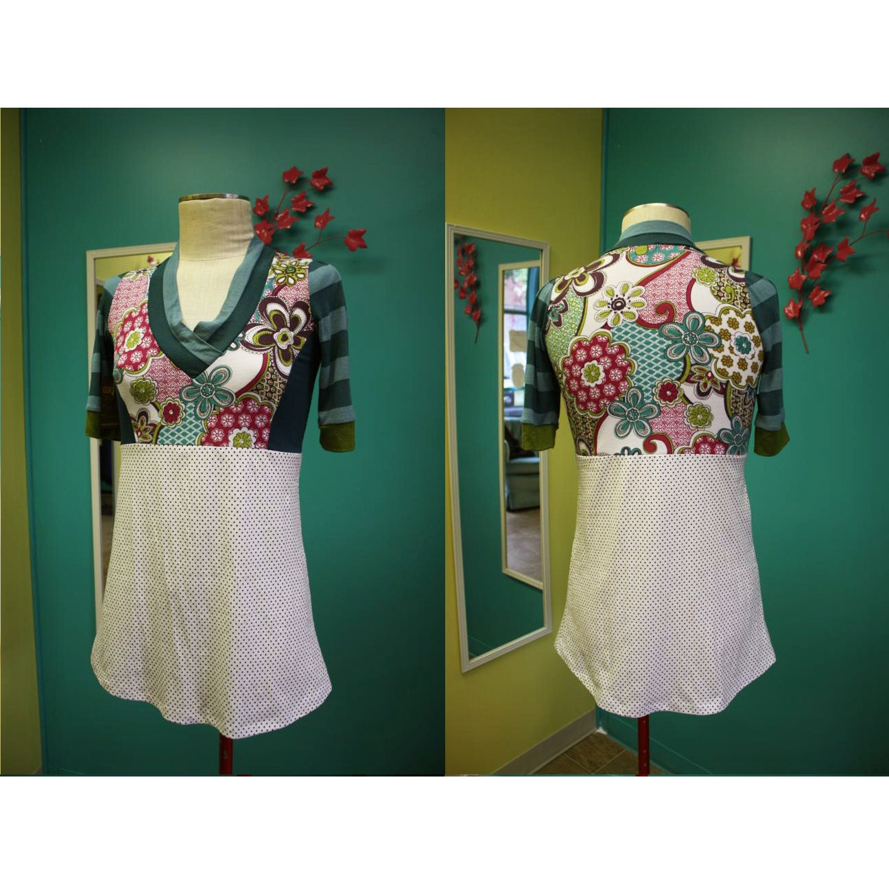 White Turquoise Pink Polka Dot Paisley V Neck Shirt - Size Small