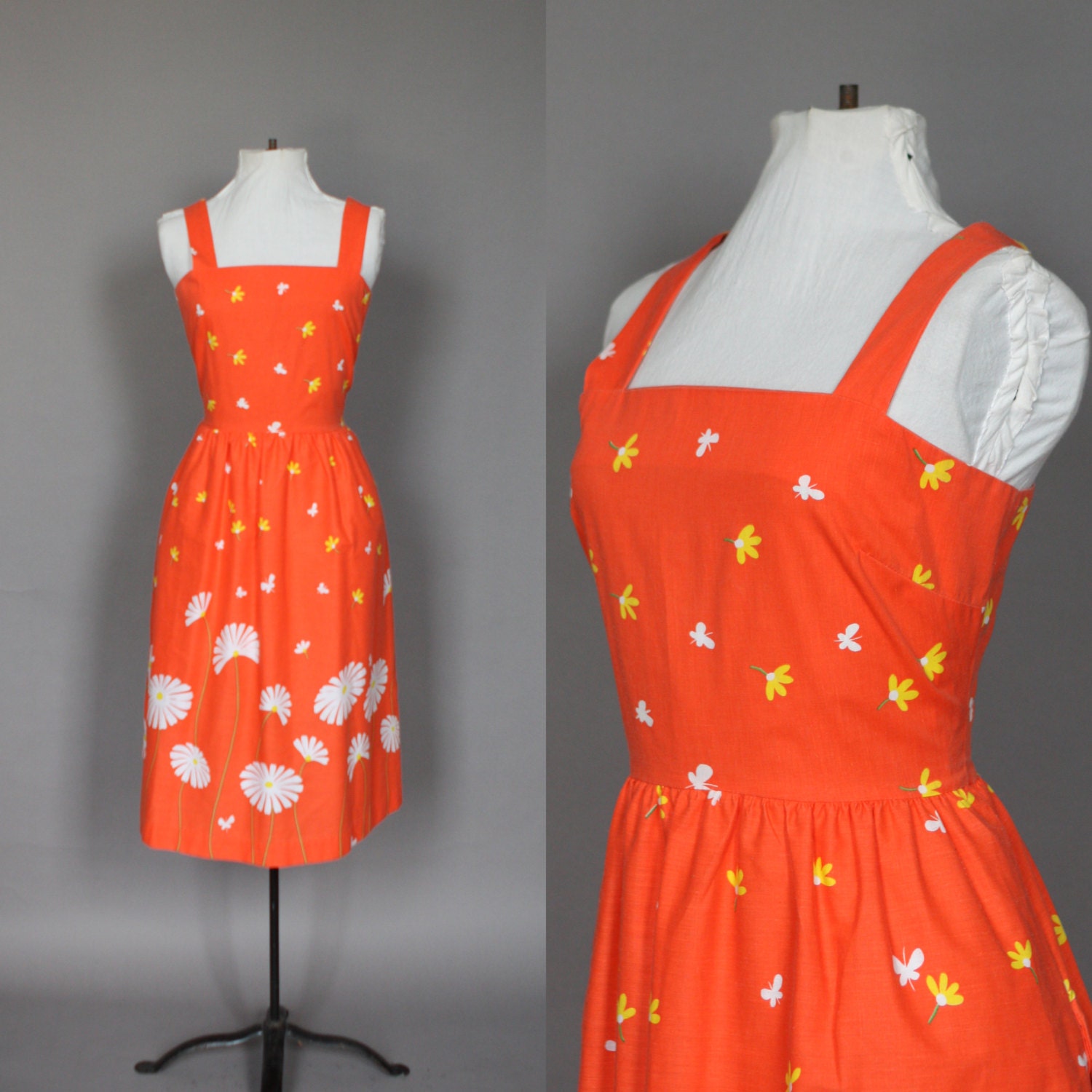 Vintage Summer Dress 70s 1970s Floral Sun Dress Orange with White and Yellow Daisies and Butterflies Medium