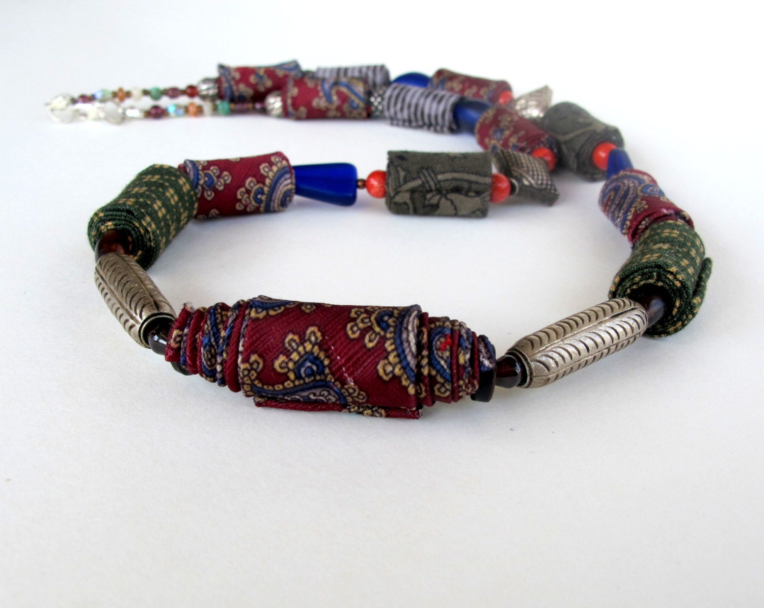 Oriental necktie fiber necklace in deep burgundy paisley silk, olive and blue